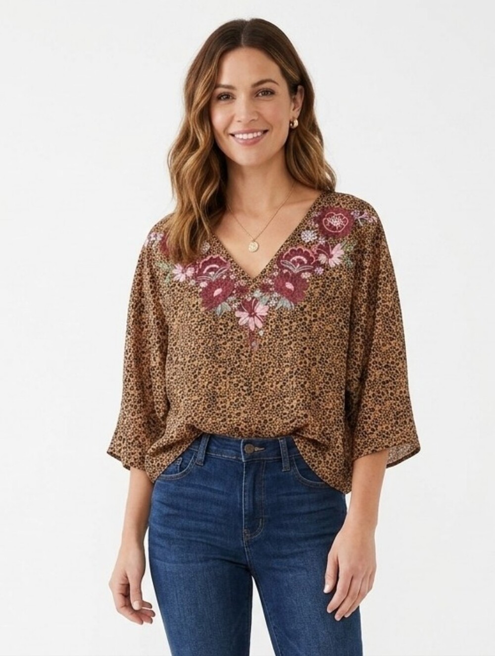 Savanna Jane Leopard Batwing Rayon Top Floral Embroidery, Oversized S PTP 23-26"